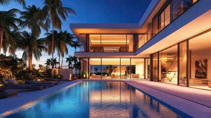 Luxurious modern villa with swimming pool at dusk capturing tropical essence