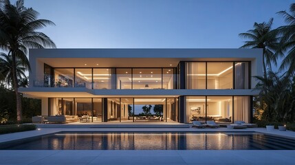 Stunning modern villa with a swimming pool during twilight in an exotic location