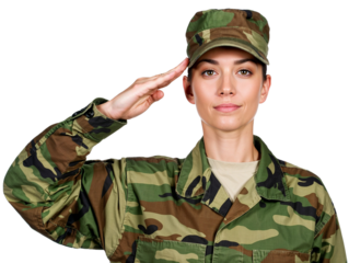 Female soldier in uniform saluting. Transparent background. PNG