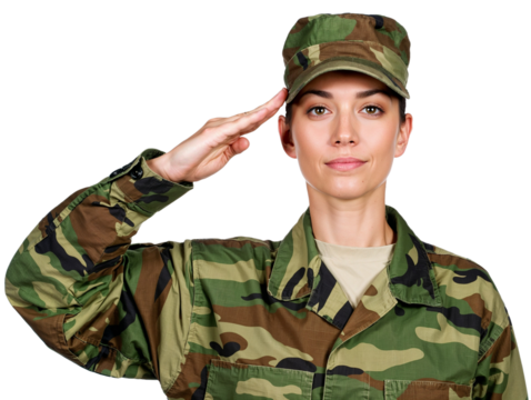 Female soldier in uniform saluting. Transparent background. PNG