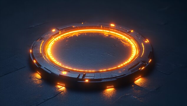 Futuristic round portal ring with inner orange glow and outer blue light, isolated on dark background – perfect for science fiction or magical realm design assets