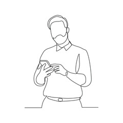 Continuous line drawing of business man holding smartphone. Editable stroke sketch line concept of finger click phone. Vector illustration
