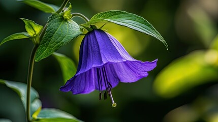 Captivating bellflower portrait with deep purple petals against a nature backdrop