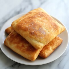 Three golden-brown, square, slightly-crispy, bread-like buns, stacked on a white plate, resting on a marble surface