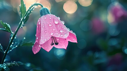 Delicate pink flower adorned with glistening raindrops, against a soft bokeh background