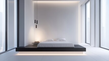 Minimalist modern bedroom with black platform bed, white linens, bright natural light