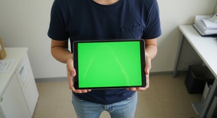 Man showing green screen tablet front-facing to camera in office