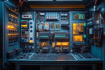 Complex server rack displaying modern network technology and control systems with wires and lights