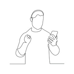Continuous line drawing of business man holding smartphone. Editable stroke sketch line concept of finger click phone. Vector illustration