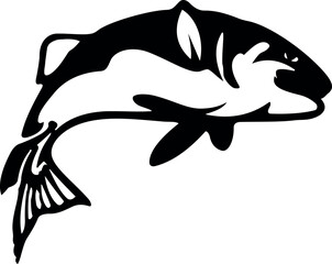 This sentence summarizes the visual style (black silhouette, vector), subject (sea animal like a fish or dolphin), and context (illustration)