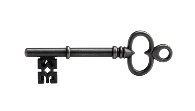 Vintage gray metal key against black background