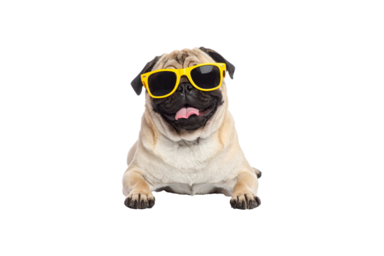 Funny Pug Dog Wearing Yellow Sunglasses. Transparent PNG. Small Breed.