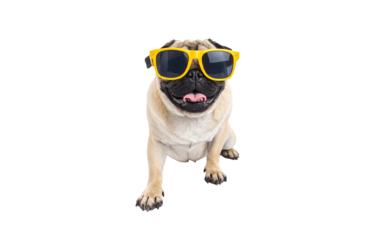 Cute Pug Dog Posing With Yellow Sunglasses. Small Breed. Transparent Background. Png.  - Powered by Adobe