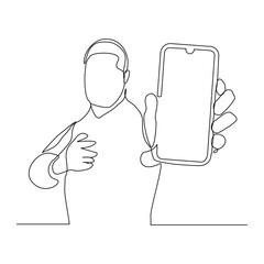 Continuous line drawing of business man holding smartphone. Editable stroke sketch line concept of finger click phone. Vector illustration