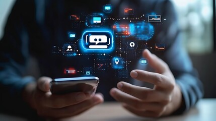 Man using smartphone interface for chatbot and ai technology connected to various digital icons and data visualization in modern concept