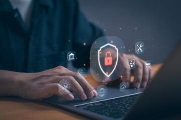 Cyber ​​security , data protection with secure internet access concept, man showing personal data protection with password on virtual screen on internet technology network on laptop computer