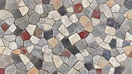 Detailed close up of a colorful mosaic stone wall showing irregularly shaped and textured natural stone elements