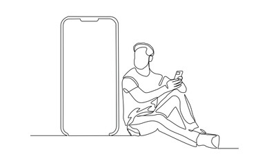 Continuous line drawing of business man holding smartphone. Editable stroke sketch line concept of finger click phone. Vector illustration