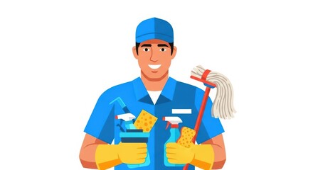 Professional Cleaning Service Worker Holding Various Tools and Supplies for Effective Household Cleaning Solutions