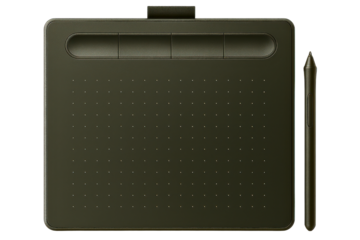 Dark gray graphic drawing tablet with a digital pen on a transparent background