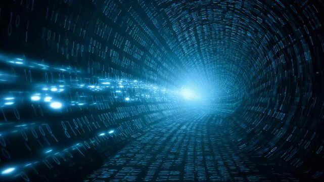 Futuristic digital tunnel featuring glowing binary code and a bright light source at the end, creating a sense of depth and motion