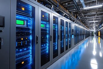 Modern data center infrastructure with rows of server racks and advanced technology equipment