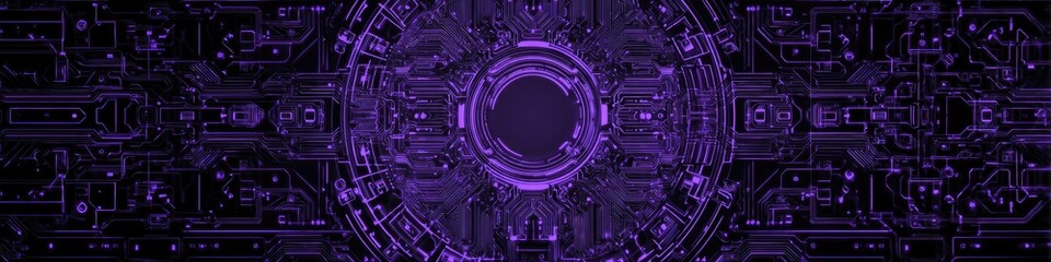 Obraz premium Futuristic Cyberpunk Circuit Board: Abstract Purple Technology Background with Digital Elements and Circular Center Design. Vector Illustration for Tech Banners, Web Design, and Fintech Presentations.