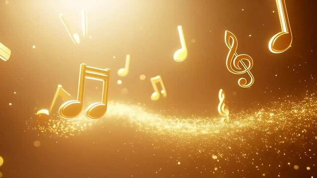 Golden music notes floating on a sparkling, golden background. Perfect for music-related projects, celebratory designs, and luxurious visuals.