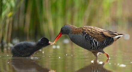 Water rail feeding chick in wetland.