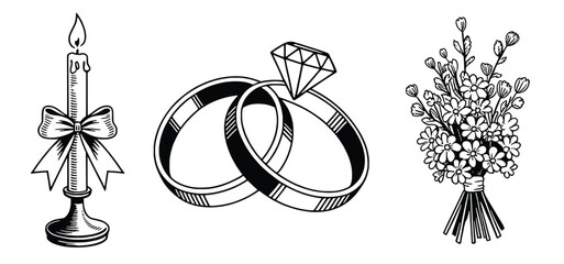Wedding Candle Rings Flowers Black Ink Drawing bouquet