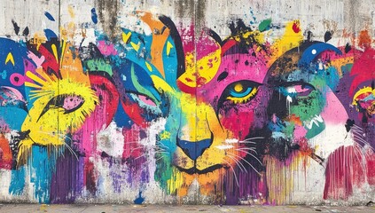 Fototapeta premium Vibrant mural of stylized feline faces