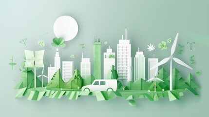 Fototapeta premium A conceptual illustration of a green cityscape with integrated vertical gardens and electric public transport, symbolizing urban sustainability and eco-friendly infrastructure, minimalist style