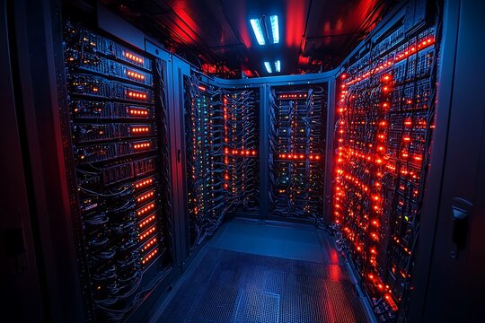 Modern data center server racks with glowing lights representing data processing and storage