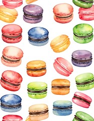 Delight in a vibrant assortment of watercolor macarons showcasing various colors and flavors arranged in a whimsical pattern, perfect for dessert lovers and art enthusiasts alike Generative AI