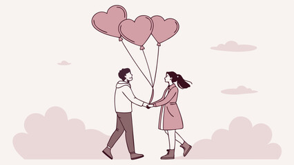 Couple Holding Hands, Floating with Heart Balloons Romantic Illustration