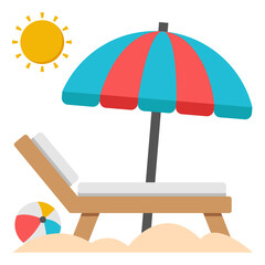 Relaxing Beach Scene Sun Lounger, Beach Umbrella, and Beach Ball under Sunny Sky
