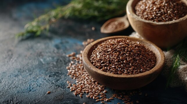 Wooden Bowls Filled with Flax Seeds on a Dark Background