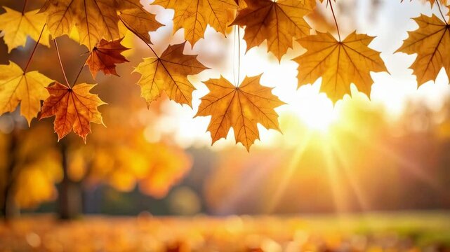 Golden maple leaves hanging with a soft focus of sunny autumn day in the background in a beautiful park setting.