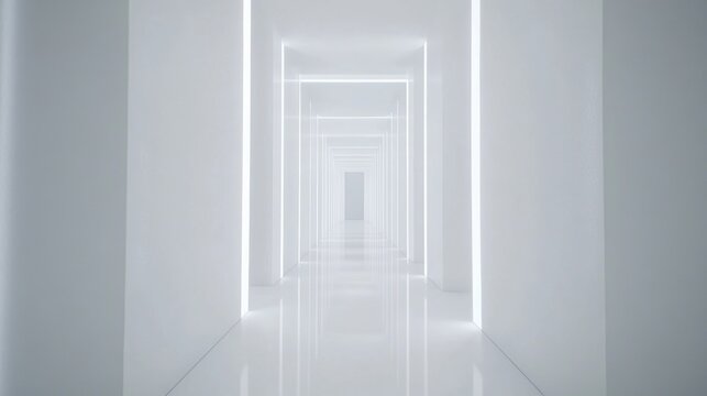 Endless White Corridor with Neon Lights