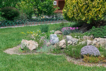 Application natural stone and phlox carnations daisies in landscape design. Stone path in garden...