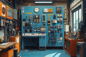 A detailed view of an industrial electrical control panel with complex wiring and gauges.