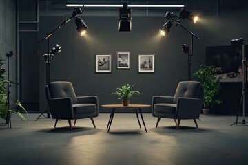 Studio interview setup with comfortable seating