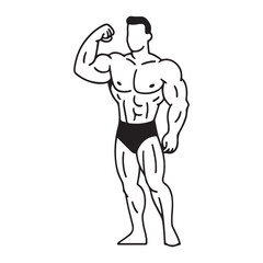 Outlined gym icon of flexing bodybuilder with big muscles.