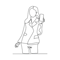 Continuous line drawing of business woman holding smartphone. Editable stroke sketch line concept of finger click phone. Vector illustration