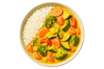 Bowl of vibrant vegetable curry with white rice on a transparent background