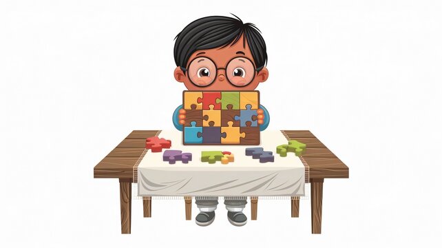 cartoon of a child with black hair and glasses, sitting at a wooden table with a white cloth, holding a wooden puzzle