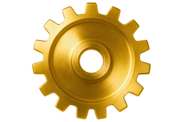 Close-up of a single golden metal gear on a transparent background