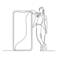 Continuous line drawing of business woman holding smartphone. Editable stroke sketch line concept of finger click phone. Vector illustration