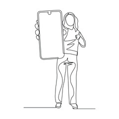 Continuous line drawing of business woman holding smartphone. Editable stroke sketch line concept of finger click phone. Vector illustration