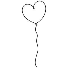 Balloon with heart shape continuous line drawing. Love gift symbol. Vector illustration isolated on white.